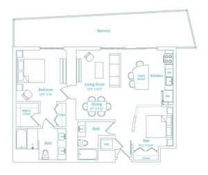 A floor plan of a balcony apartment with a living room, dining room, kitchen, and two bathrooms.